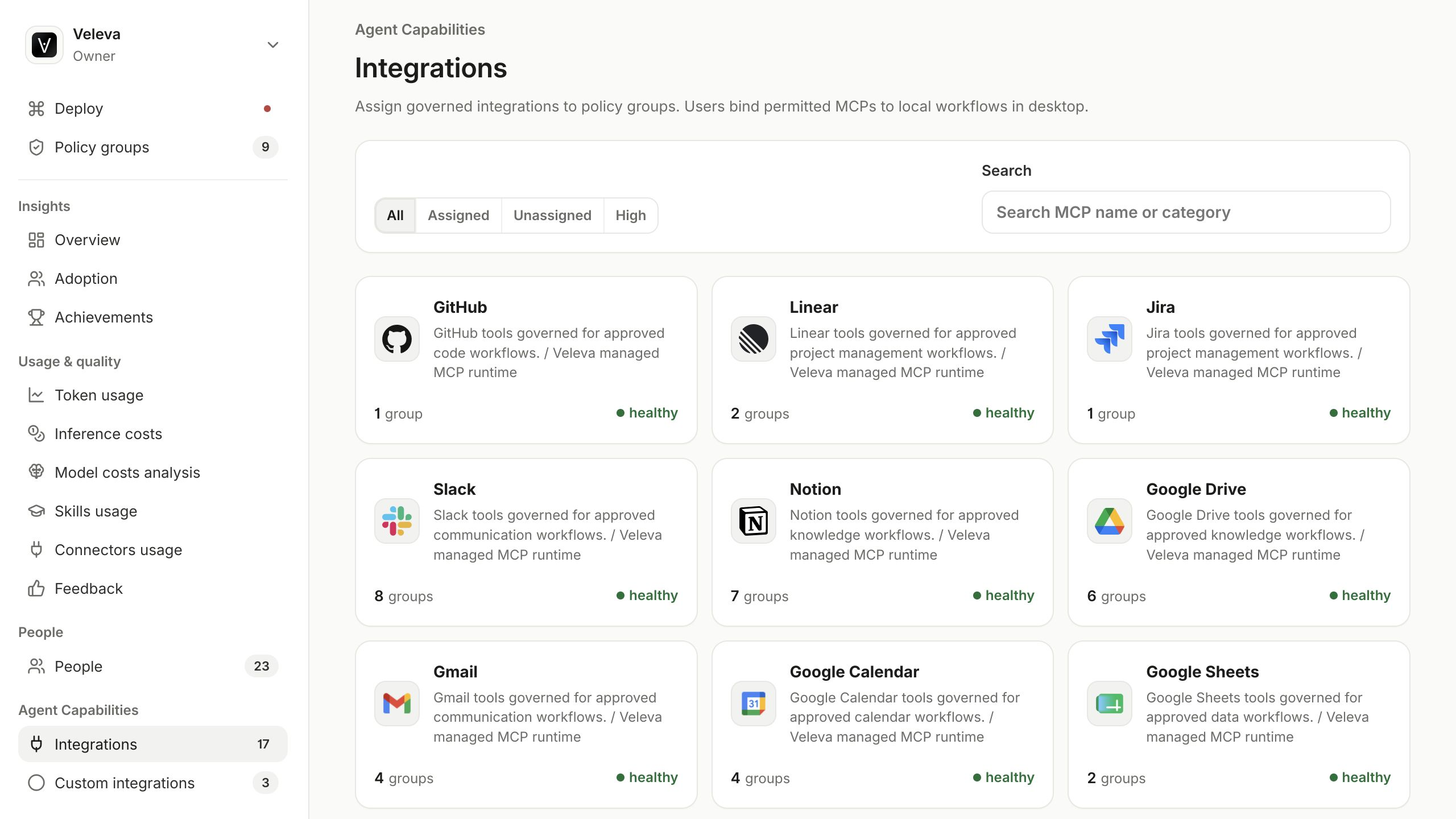 Veleva integrations catalog with policy groups, tool counts and health